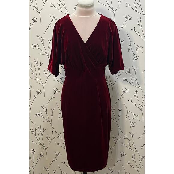 GOWNTOWN Burgundy Stretch Velvet Butterfly Sleeve Surplice LARGE Pencil Dress - Picture 3 of 8